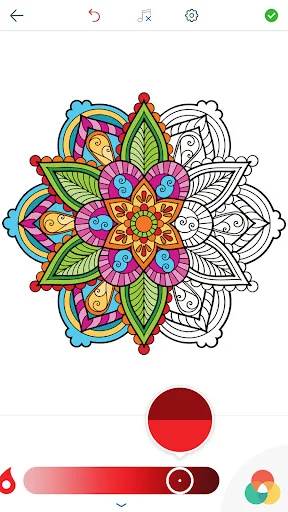 Half-colored mandala design with half unfinished, showing red color selector and brush size adjustment slider tool