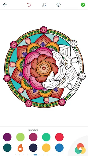 Intricate rose-centered mandala design with standard color palette containing 10 color options for coloring