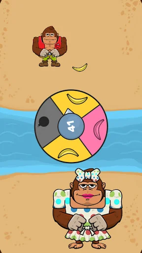 Monkey King game level featuring interactive spinner wheel with banana and face symbols, monkey character at bottom ready to play