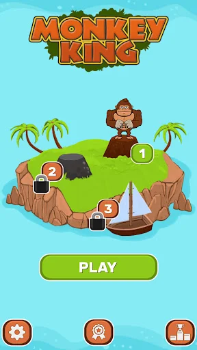 Monkey King main menu screen showing title, island landscape with monkey character, numbered level bubbles 1-2-3, green PLAY button, and settings icons