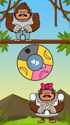 Monkey King forest game level with monkey perched on tree branch, spinner wheel showing 49, and female monkey character below