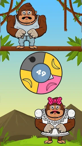 Monkey King forest level with monkey character on branch and spinning wheel displaying 49 banana collectible