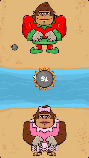 Monkey King beach level with monkey in red outfit, spinning banana wheel, and character at bottom with decorative collar