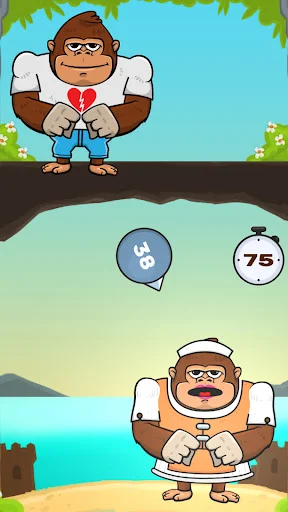Monkey King forest level with monkey holding heart symbol, score counter showing 68, and timer displaying 75 seconds remaining