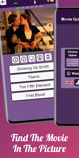 Movie Quiz app screenshot showing Titanic movie scene with multiple choice answers: Growing Up Smith, Titanic, The Fifth Element, First Blood