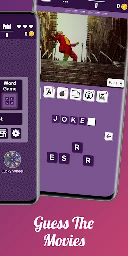 Movie Quiz word game featuring Joker movie scene with letter tiles J-O-K-E-R and scattered alphabet letters for guessing movie titles