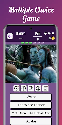 Movie Quiz multiple choice game displaying Avatar movie scene with four answer options: Water, The White Ribbon, M.S. Dhoni, Avatar