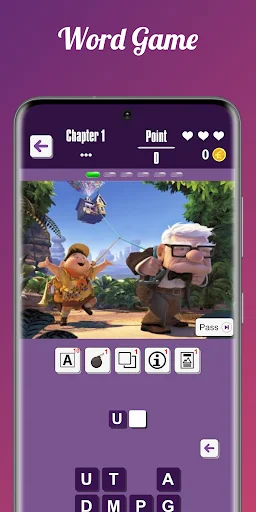 Movie Quiz word puzzle showing animated Up movie scene with letter grid U-T-A-D-M-P-G for spelling out the correct movie title