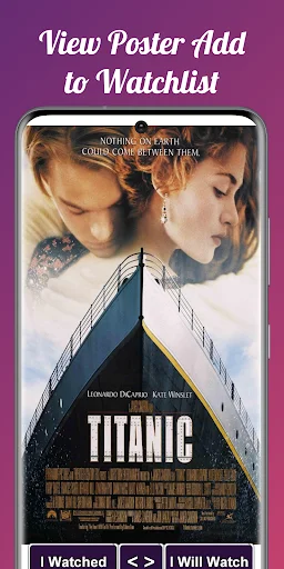 Movie Quiz watchlist feature displaying Titanic movie poster with 'I Watched' and 'I Will Watch' buttons for tracking viewed films