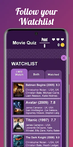 Movie Quiz watchlist screen showing saved movies including Batman Begins, Avatar, and Titanic with ratings and watch status options