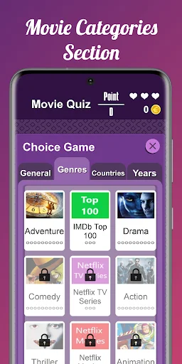 Movie Quiz categories menu showing genre options like Adventure, Comedy, Drama, Action, and Netflix with movie thumbnails