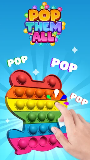 Pop It Fidget Toys 3D main screen showing colorful rainbow pop-it toy with hand popping bubbles and 'POP THEM ALL' title