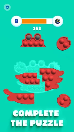 Complete the puzzle gameplay showing red pop-it pieces to assemble, progress bar level 8, and puzzle solving challenge