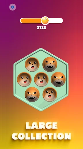 Large collection screen displaying hexagonal pop-it toy with cute animal face bubbles and progress indicator