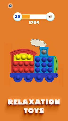 Relaxation toys screen showing colorful train-shaped pop-it fidget toy with rainbow bubbles and level 26 progress bar