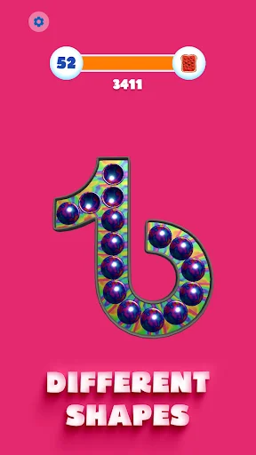 Different shapes screen featuring number-shaped pop-it toys with iridescent bubbles on pink background for variety