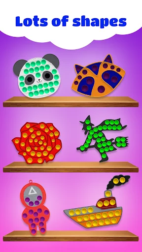 Pop It shapes selection screen displaying various fidget toy designs including panda, masks, and creatures on wooden shelves