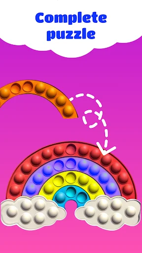 Complete puzzle gameplay screen showing rainbow pop-it toy with missing piece and dotted outline for puzzle completion