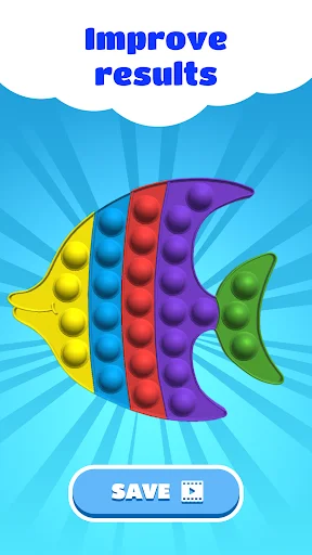 Improve results screen displaying colorful fish-shaped pop-it toy with rainbow stripes and save button for progress