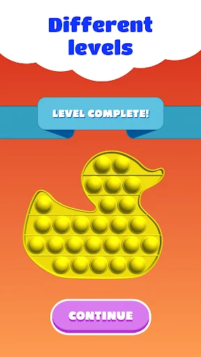 Different levels screen showing yellow duck-shaped pop-it toy with 'LEVEL COMPLETE!' message and continue button