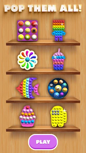 Pop It toy collection menu displaying 8 different fidget toys on wooden shelves with play button for stress relief games