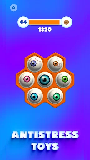 Antistress toys gameplay showing orange flower-shaped pop-it with eyeball bubbles, progress bar, and level 44 indicator