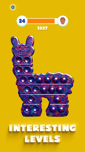 Interesting levels screen featuring purple llama-shaped pop-it toy with bubble pattern and level 24 progress display