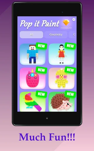 Pop it Paint 3D fidget toy menu with six pop it bubble toys marked new to paint and pop for antistress ASMR gameplay