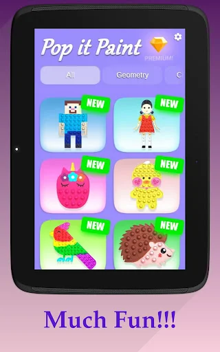 Pop it Paint 3D fidget toy selection menu showing collectible pop it bubble designs marked new to choose, paint and pop