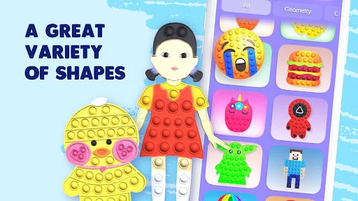 Pop it character doll customization with variety of fidget toy shapes for 3D ASMR antistress gaming