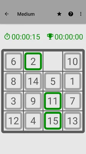 15 Puzzle sliding game Medium difficulty with 4x4 grid showing numbered tiles 1-15, timer at 00:00:15, solving puzzle challenge