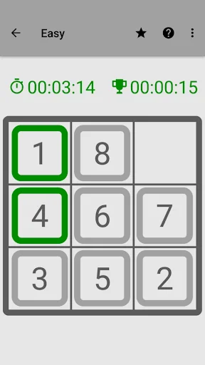 15 Puzzle Easy mode 3x3 grid with numbered tiles 1-8, timer shows 00:03:14, sliding puzzle game with highlighted tiles