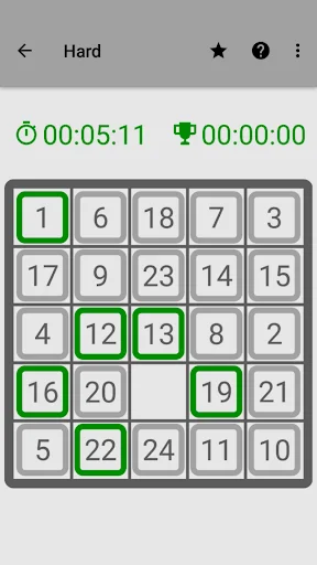 15 Puzzle Hard difficulty 5x5 grid with numbered tiles 1-24, timer at 00:05:11, challenging sliding puzzle gameplay