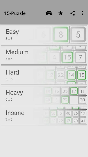 15 Puzzle game difficulty selection menu showing Easy 3x3, Medium 4x4, Hard 5x5, Heavy 6x6, Insane 7x7 grid options