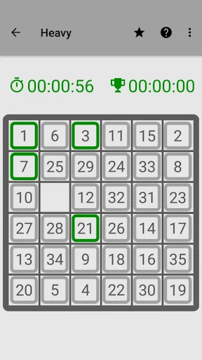 15 Puzzle Heavy mode 6x6 grid with numbered tiles 1-35, timer shows 00:00:56, advanced sliding puzzle challenge
