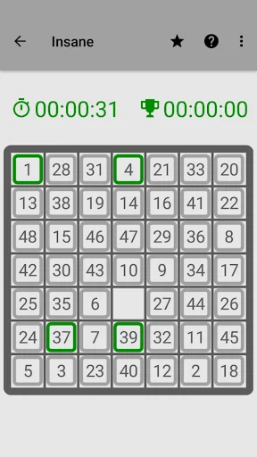 15 Puzzle Insane difficulty 7x7 grid with numbered tiles 1-48, timer at 00:00:31, ultimate sliding puzzle challenge