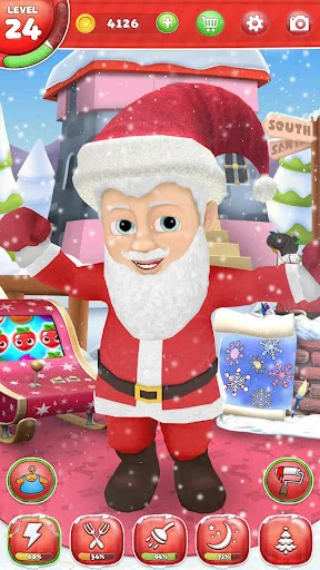 Level 24: Santa standing in festive Christmas workshop with decorative house and five interactive game action buttons