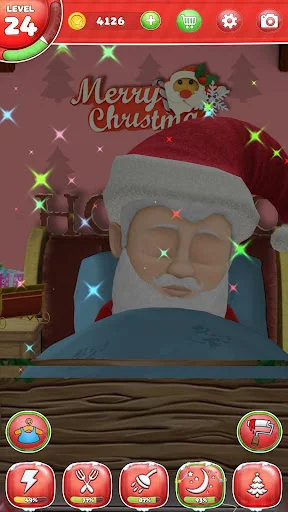 Santa sleeping in decorated bedroom during bedtime care activity with Merry Christmas themed background