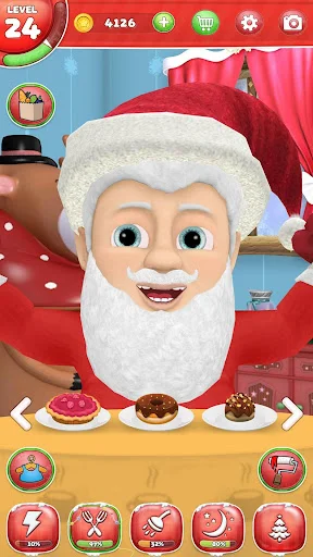 Santa with three food options displayed: cake and donuts to select and feed Santa in care simulation