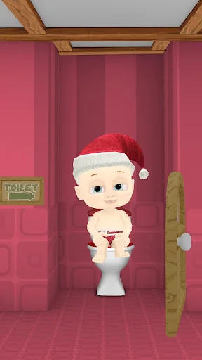 Santa in pink bathroom on toilet during bathroom care gameplay with interactive hygiene activities
