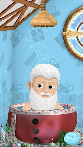 Santa bathing in red tub with shower head during bath time care activity in Christmas simulation game