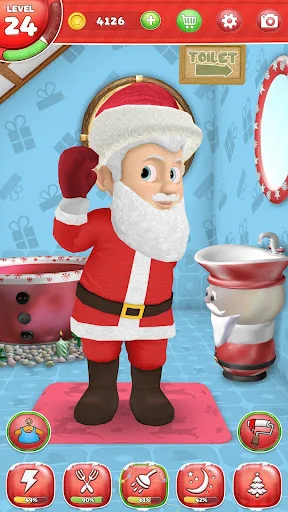 Santa in full red and white costume standing in bathroom ready for interactive care and hygiene gameplay