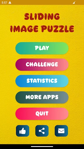 Sliding Image Puzzle main menu with Play, Challenge, Statistics, More Apps, and Quit buttons on bright yellow background