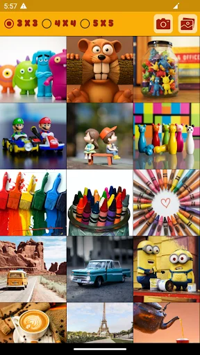Image selection gallery displaying various colorful puzzle images including toys, minions, nature, and objects to choose from