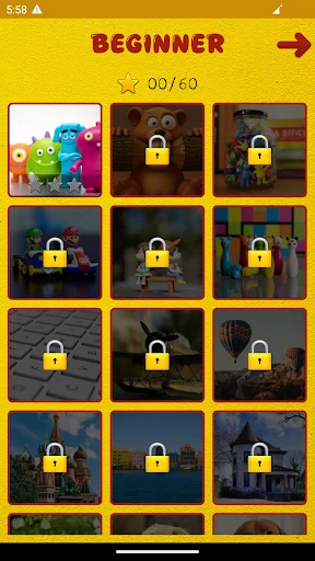 Beginner difficulty level selection screen displaying 9 locked puzzle challenges with gold padlock icons to unlock