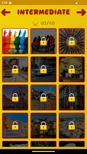 Intermediate difficulty selection showing 9 locked sliding puzzles with varied themes and gold padlock unlock icons
