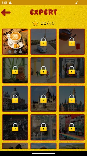 Expert difficulty level screen displaying 9 locked advanced puzzle challenges with various themed images and padlock icons