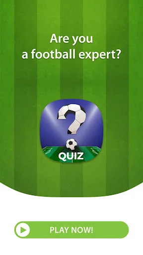 Soccer Quiz welcome screen with green striped background, question mark icon, and green Play Now button to start football trivia