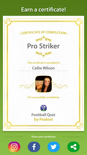 Achievement certificate screen showing Pro Striker completion badge with social media share buttons