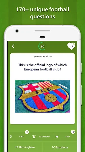 Football quiz question screen showing European club logo identification with multiple choice answers, progress counter, and hint option